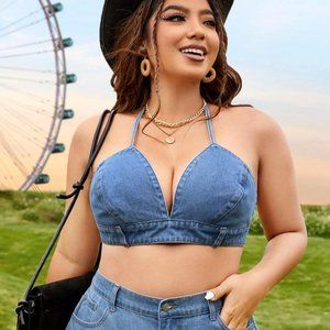 Plus Size Tie Backless Halter Denim Top - Size OXL